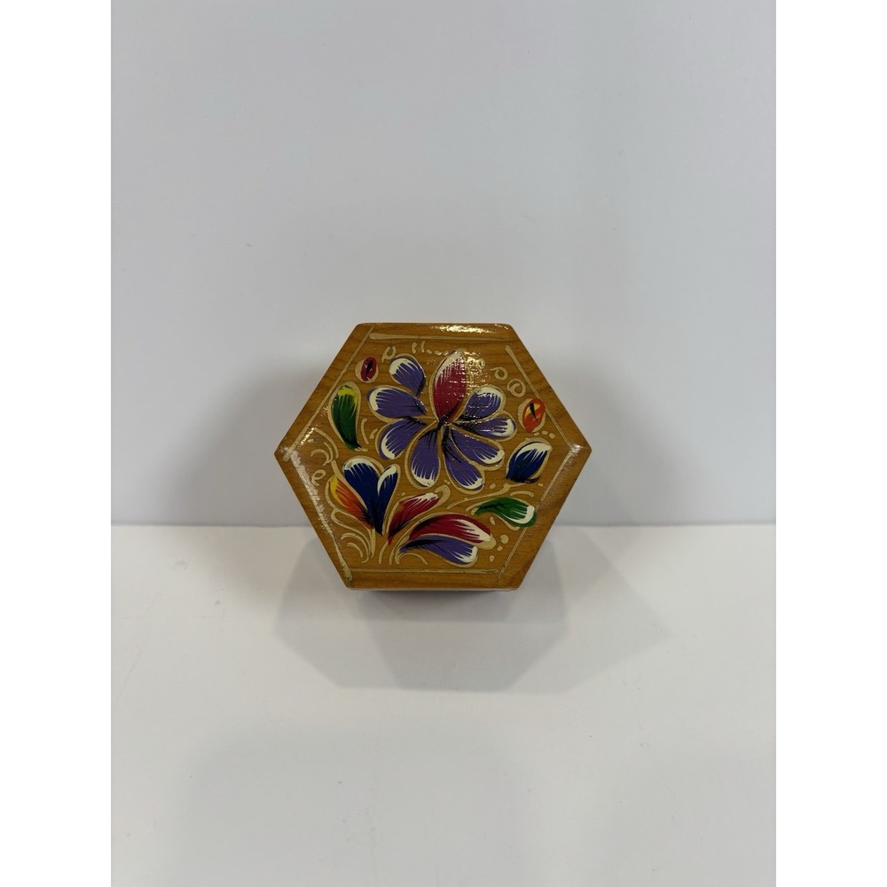 Hand Painted Wooden Box Mexico Hexagon Floral Michoacan 3"